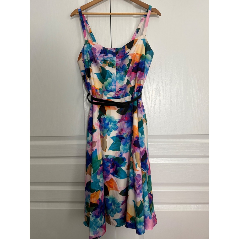 City Chic Floral Fit and Flare Dress plus XS 14 Multi Color Sleeveless Belted